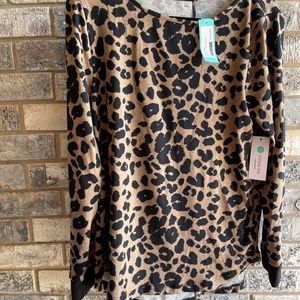 Pink Clover,  Leopard Print, suede elbow patched, long sleeve shirt Size L, NWT